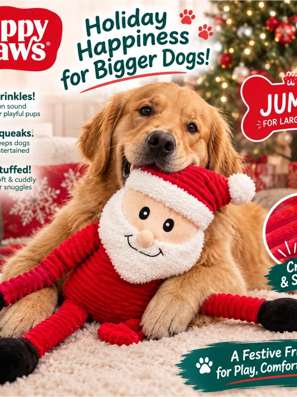 Puppy Paws Plush Santa Dog Toy — Red & White Holiday Squeaker for Large Dogs